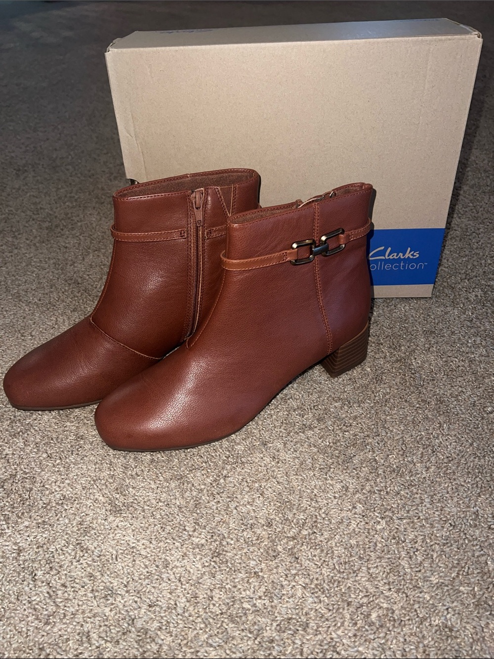 Clarks Cognac Brown Leather Iridessa Air Ankle Booties in Dark Tan Leather